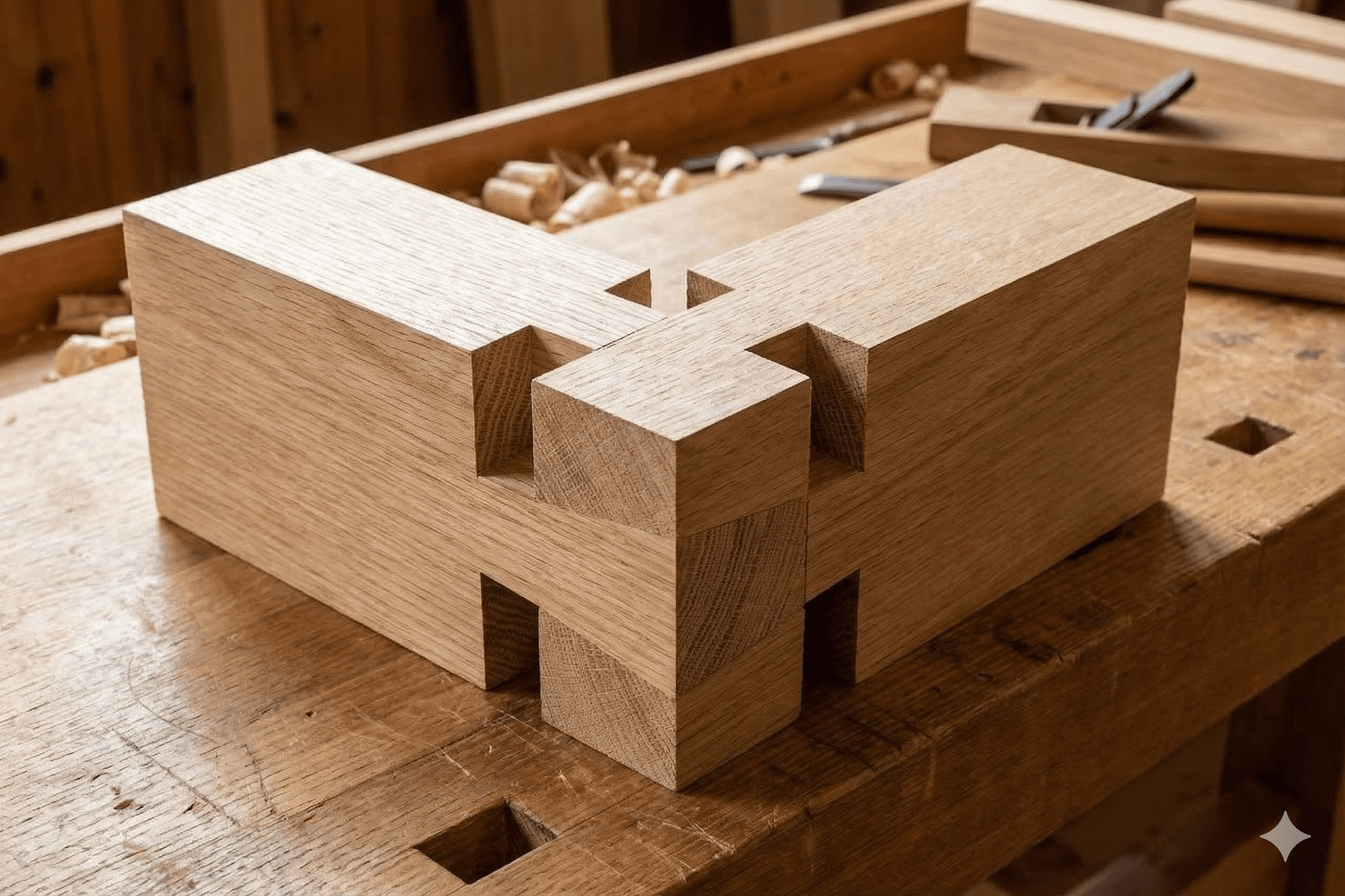 Close up of a complex interlocking wooden joint without nails