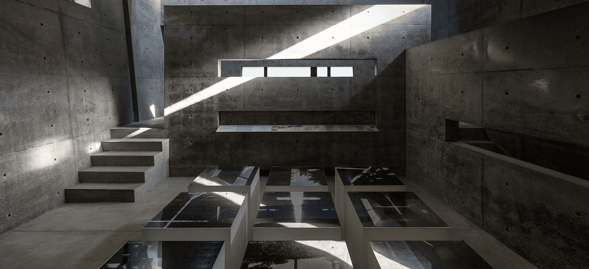 Minimalist interior with large window facing the sea